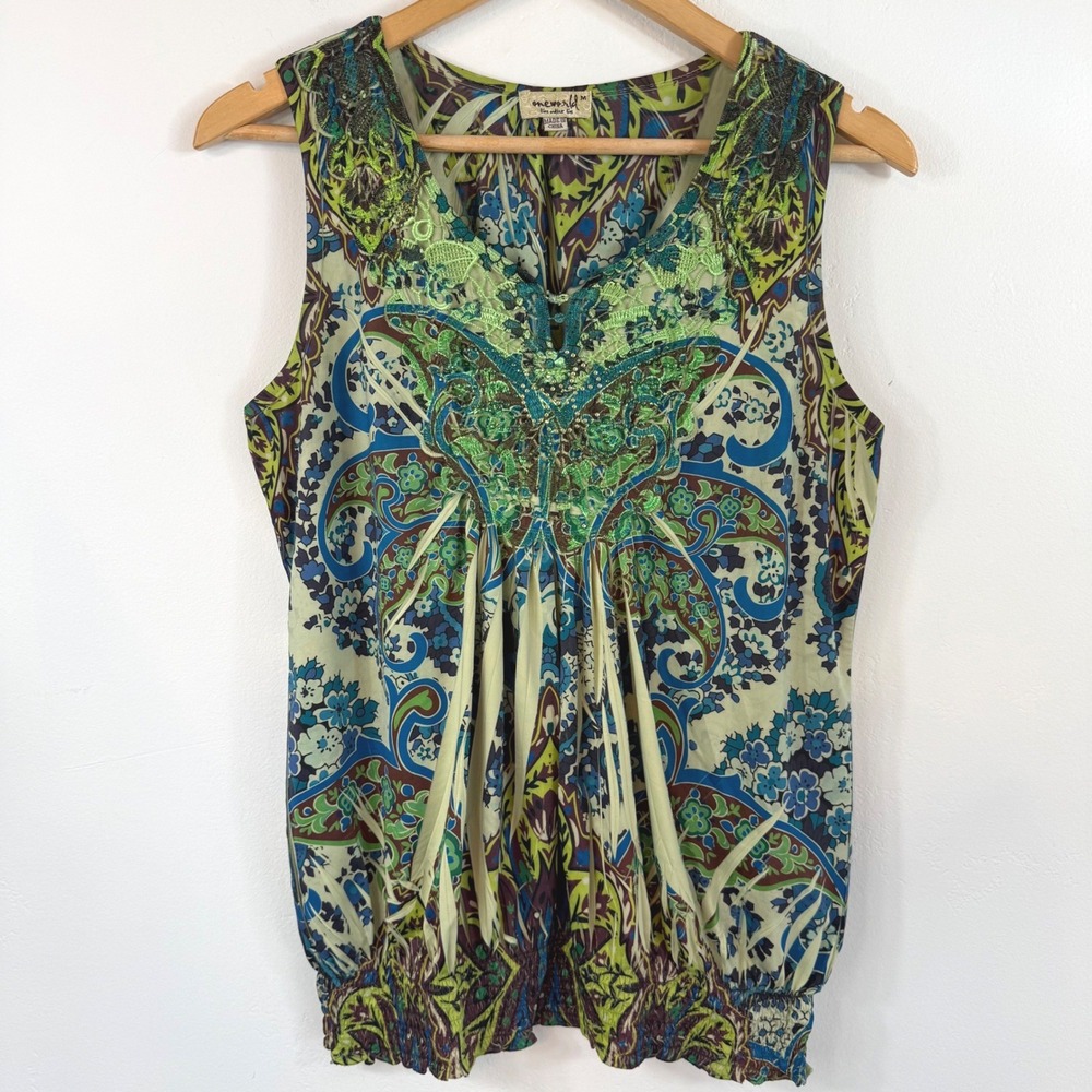 One World Beaded Embroidered Fairy Boho Top Green Paisley Blouson Y2K Gypsy M